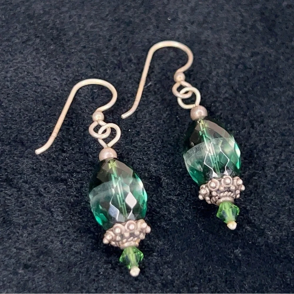 Green Crystal Silver Dangle Beaded Earrings Dangle Boho Glam